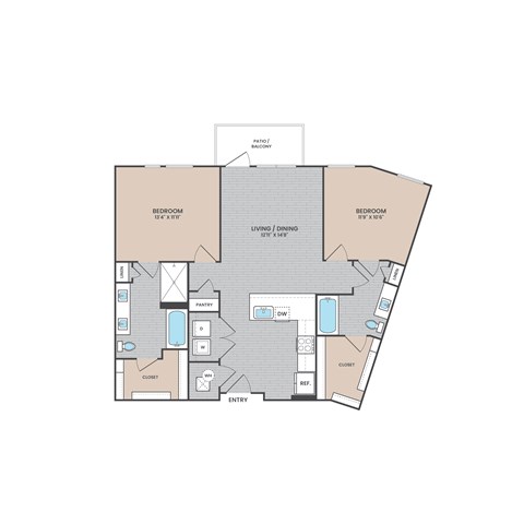 A floor plan of a house with two bedrooms, a living room, a dining room, a kitchen, a bathroom, a pantry, a closet, and an entry.